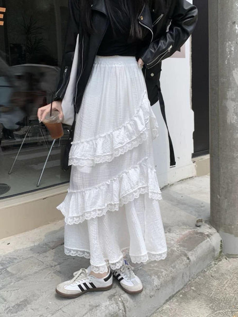 Vintage Lacey Border Irregular Ruffle Side Slit Long Skirts